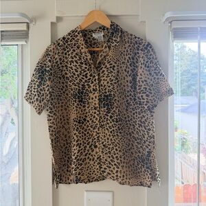 Silk Allison Taylor Tan and Black Leopard Print Short-Sleeve Button-Up